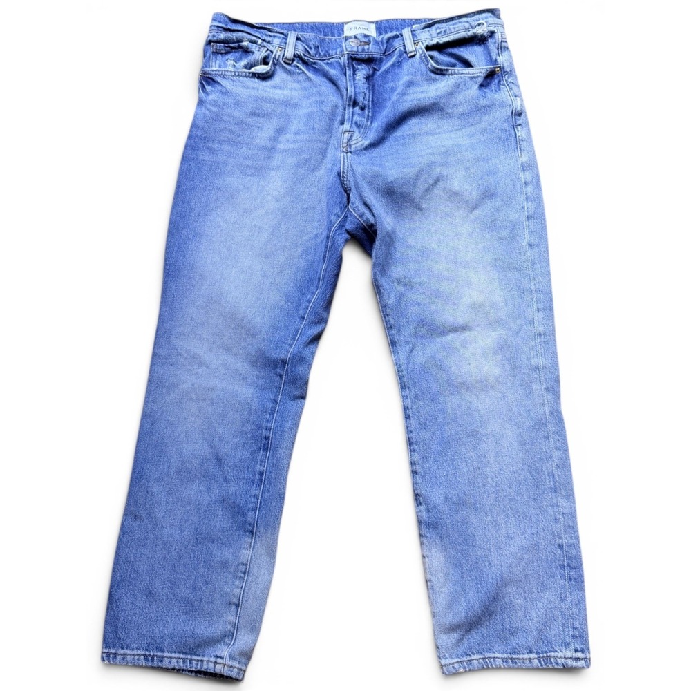 FRAME Le Pixie Slouch Jeans Blue Size 31 Relaxed Fit Distressed Denim Cropped